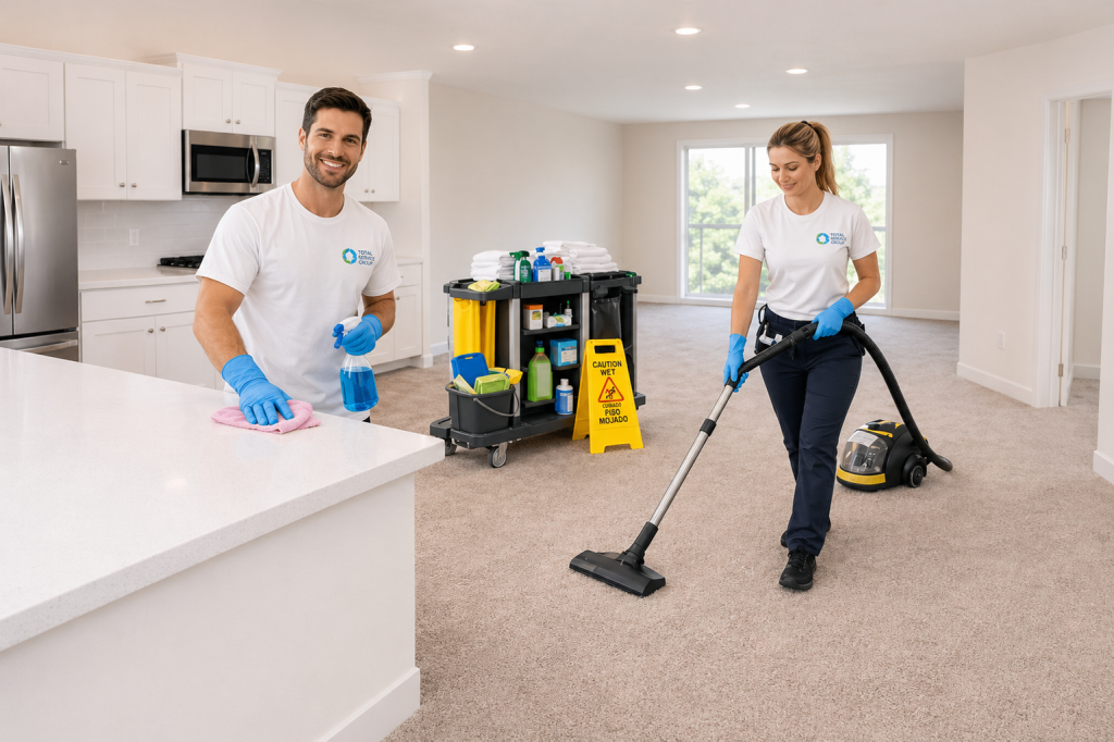 Professional cleaning team vacuuming carpet and wiping kitchen counter in Chicago apartment with supplies cart