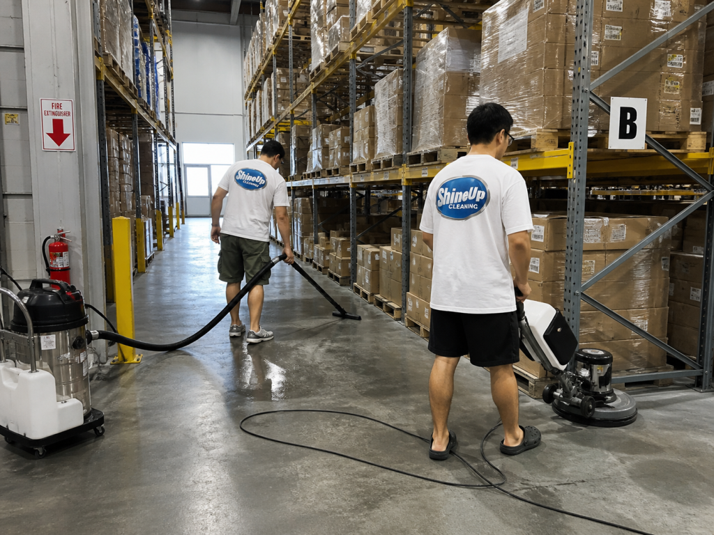 Two Shine Up Cleaning crew members floor scrubbing warehouse aisles in Chicago with industrial equipment and safety gear
