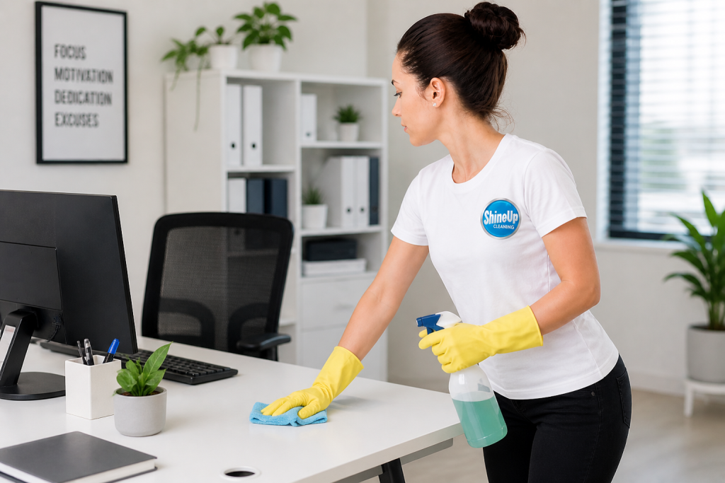 Professional cleaner in ShineUp uniform wiping office desk with spray bottle in modern Chicago workspace