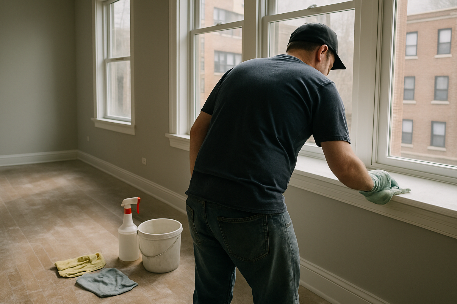 Shows the realistic labor of post-construction cleaning in a freshly built Chicago interior, matching the checklist's fr