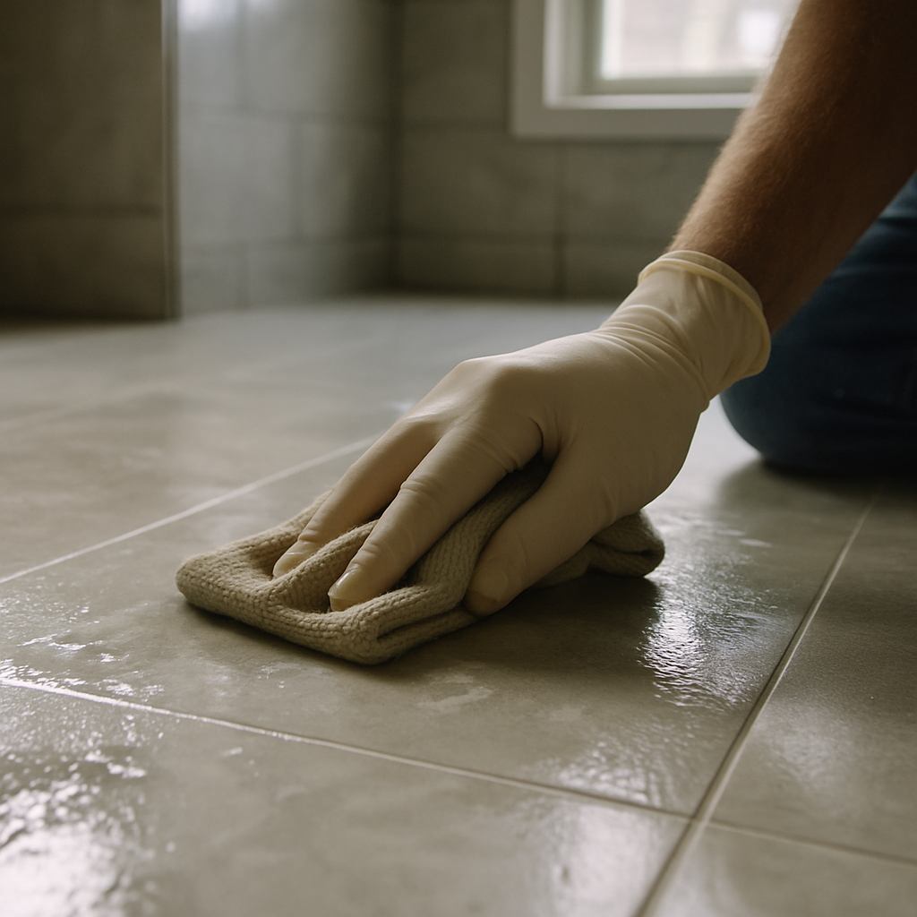 Directly illustrates the grout haze removal detail work called out in the surrounding copy, grounding the room-by-room c