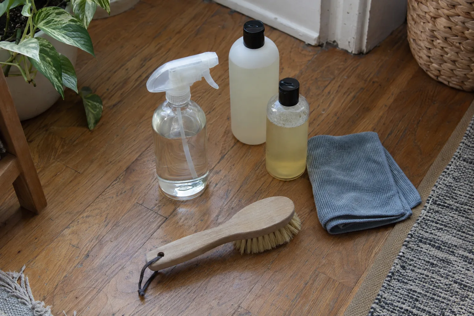Overhead flat-lay of eco-friendly cleaning supplies: amber glass bottles, a spray bottle, a wooden-handled brush, and a folded microfiber cloth on warm oak hardwood flooring in soft natural light