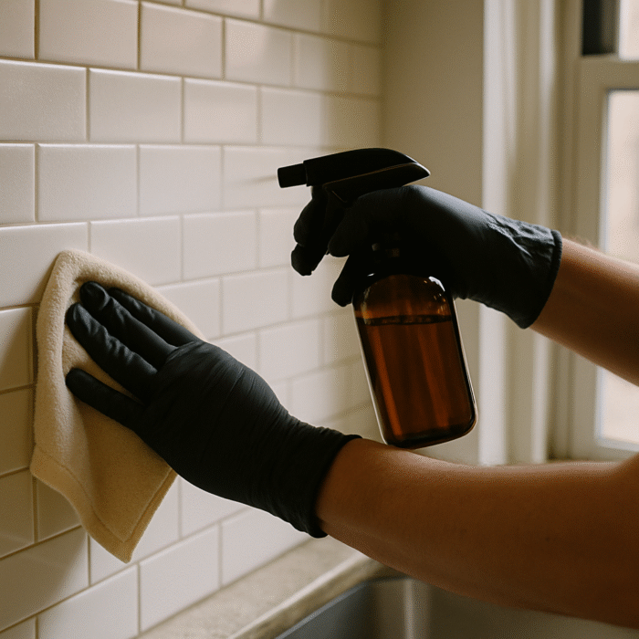 Hands-on application of eco-friendly cleaning product to a typical Chicago apartment kitchen surface illustrates the 'pr