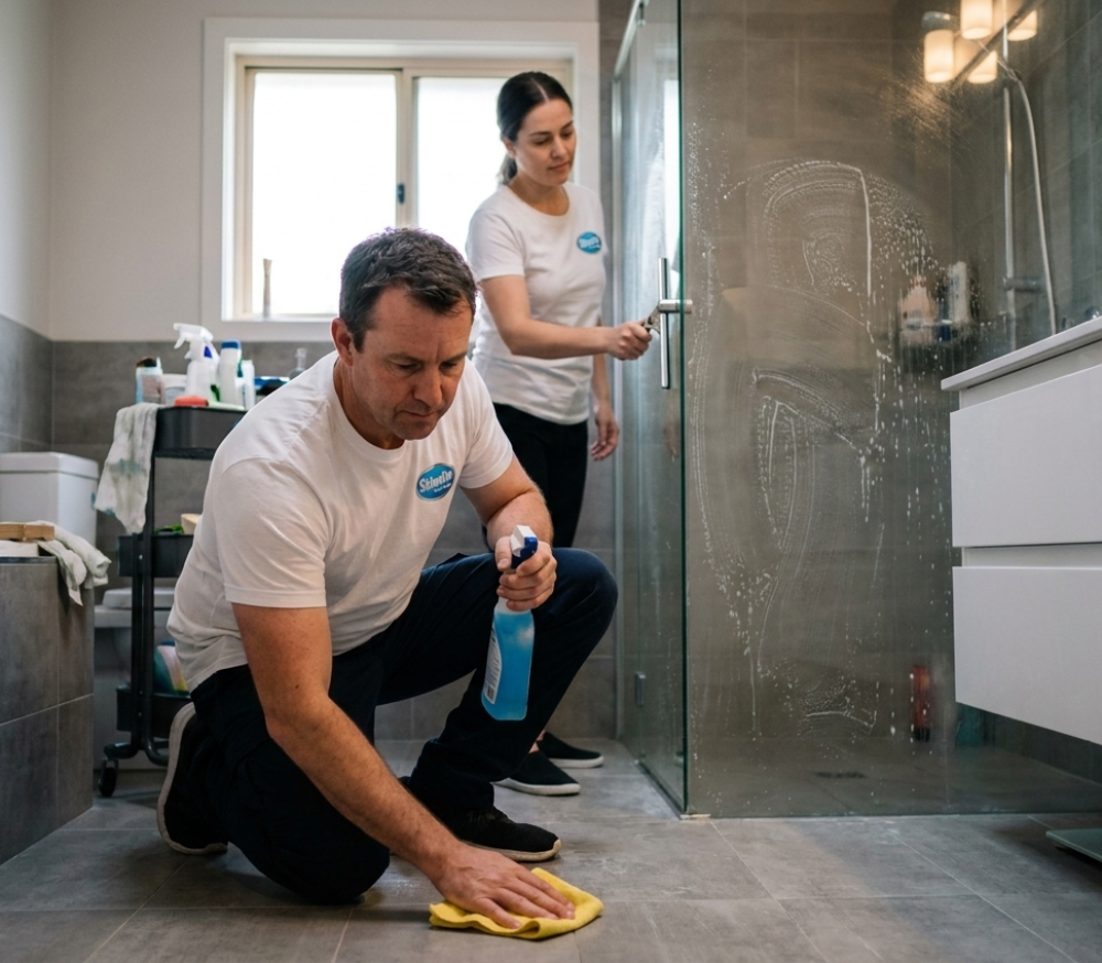 Two professional cleaners in Shine Up uniforms deep cleaning a modern Chicago bathroom with glass shower and grey tile floors