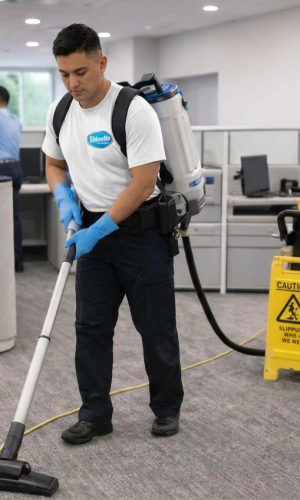 Professional office cleaner vacuuming carpet with backpack vacuum in modern Chicago workspace - Shine Up Cleaning Services