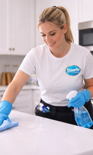 Professional cleaner from Shine Up Cleaning wiping kitchen counter in modern Chicago home with blue microfiber cloth