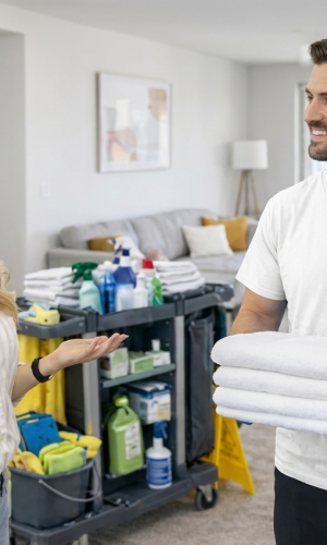 Professional cleaning service consultation in modern Chicago apartment with Shine Up Cleaning specialist and homeowner