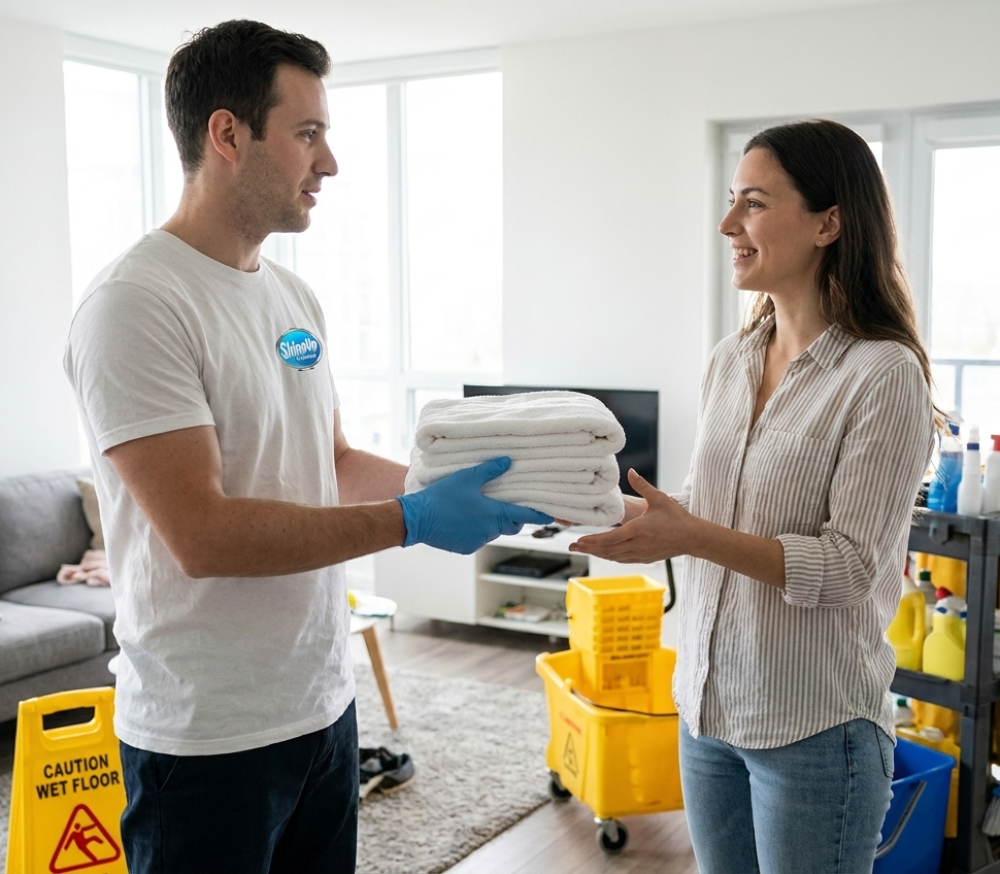 Professional cleaning service delivering fresh towels to satisfied Chicago homeowner in bright living room