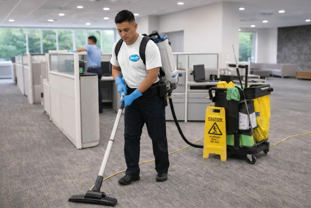 Professional cleaner vacuuming office carpet in Chicago with backpack vacuum and cleaning cart