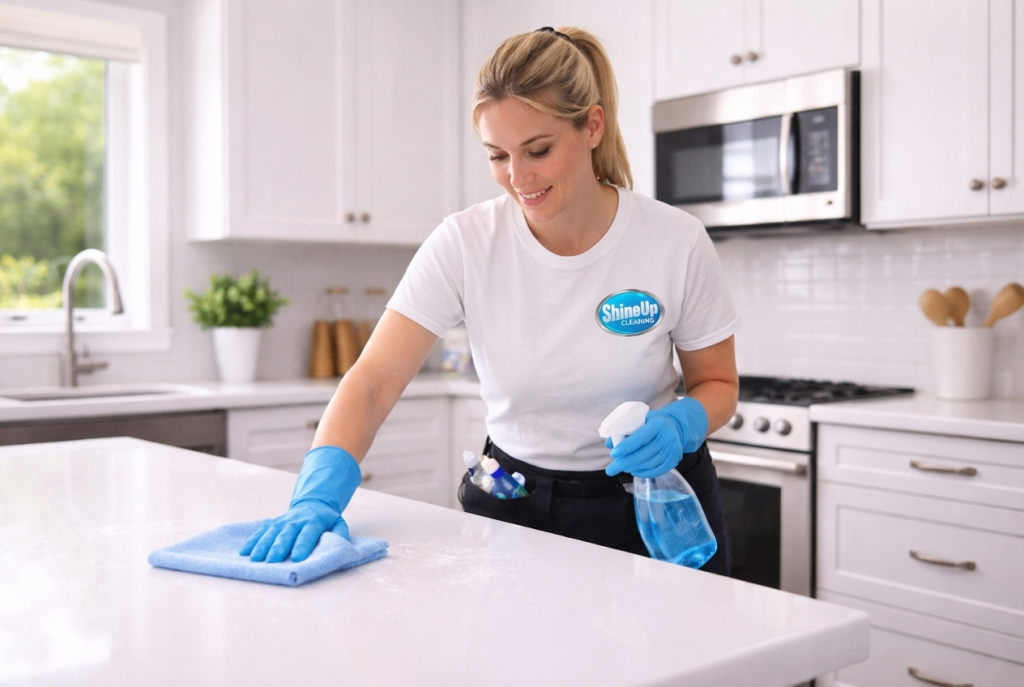 Professional cleaner from Shine Up Cleaning wiping kitchen counter in modern Chicago home with blue microfiber cloth