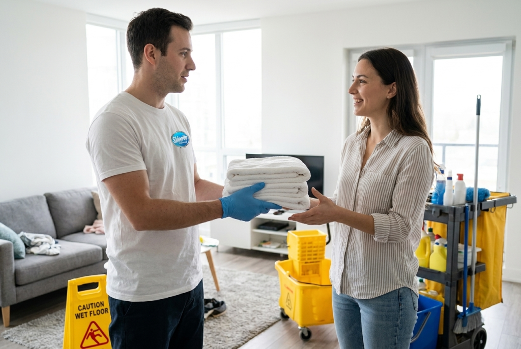 Professional cleaning service delivering fresh towels to satisfied Chicago homeowner in bright living room
