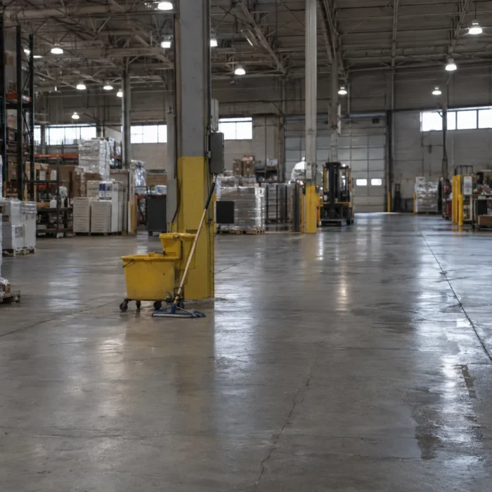 A large warehouse interior with a wide sealed concrete floor, a commercial mop bucket and mop resting near a support column, and high industrial ceilings lit by overhead pendant lights