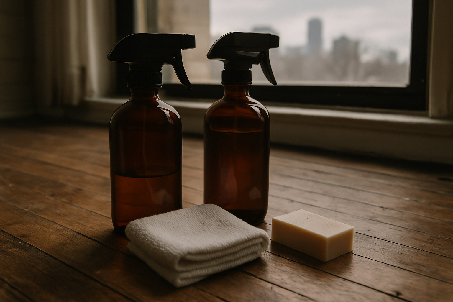 The flat-lay of unlabeled eco-friendly products on aged Chicago hardwood directly illustrates the section's focus on tho